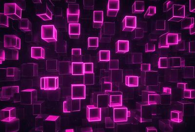 The primary subject of the image is a large, pink, three-dimensional display of cubes. The setting is a dark background, which contrasts with the bright pink cubes. The visual style is a combination of digital art and illustration, creating a unique and eye-catching pattern. The dominant colors are pink and purple, giving the display a vibrant and energetic atmosphere.
