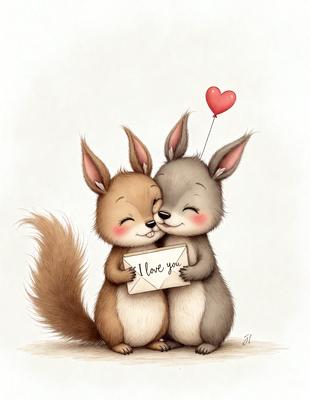 The image features two cute cartoon rabbits, one brown and one gray, standing close to each other and holding a heart-shaped sign. The rabbits are wearing hearts on their heads, adding to the adorable nature of the scene. The setting appears to be a playful and whimsical environment, possibly a children's book or a cartoon. The visual style is a combination of digital art and illustration, creating a charming and delightful atmosphere.