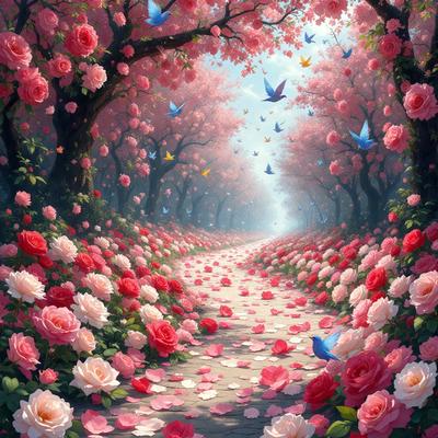 The primary subject of the image is a pathway lined with pink flowers and blue butterflies. The setting is a beautiful garden with trees in the background. The visual style is a digital art illustration, creating a vibrant and lively atmosphere. The dominant colors are pink and blue, with the pink flowers and blue butterflies adding a sense of warmth and tranquility to the scene.