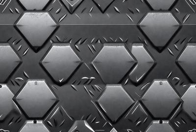 The primary subject of the image is a close-up of a patterned surface, which appears to be a metal or plastic material. The setting is a black background, and the visual style is a close-up of the pattern. The colors and mood of the image are predominantly black, giving it a sleek and modern appearance.