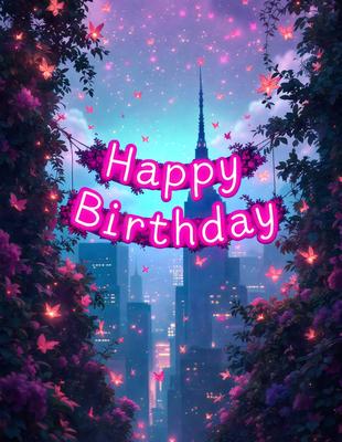 Happy Birthday: [The main object, scene, or focus of the image is a pink sign with the words "Happy Birthday" on it. The setting is a cityscape with a tall building in the background. The visual style is digital art, and the colors and mood are bright and cheerful.]