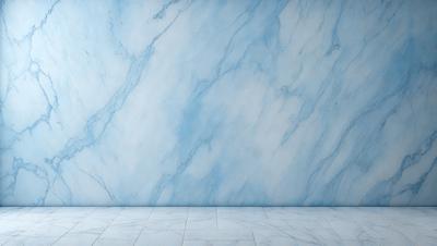 The primary subject of the image is a large, blue marble wall. The setting is a room with a white floor, and the visual style is a photo. The dominant colors are blue and white, creating a calm and serene atmosphere.