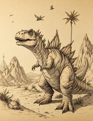 Primary subject: A large, white, spiky dinosaur with a long neck and a mouth full of teeth.

Setting/background: The dinosaur is standing in a desert-like environment, with a rocky landscape in the background.

Visual style: The image is a hand-drawn illustration, giving it a unique and artistic appearance.

Colors and mood: The colors in the image are predominantly shades of brown, white, and gray, creating a sense of warm