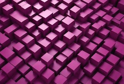 The primary subject of the image is a large, purple, three-dimensional grid made up of square blocks. The setting is a purple background, which creates a visually striking contrast with the blocks. The visual style is a combination of digital art and illustration, giving the image a unique and artistic appearance. The dominant colors are purple and pink, creating a warm and inviting atmosphere.