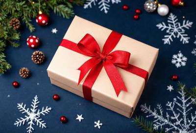 The primary subject of the image is a red bowed gift box, which is placed on a blue surface. The setting is a Christmas-themed background, featuring snowflakes and pine trees. The visual style is a photo, capturing the details of the gift box and its surroundings. The colors and mood of the image are predominantly red and festive, reflecting the holiday season.