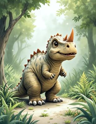 The primary subject of the image is a cartoon dinosaur, specifically a baby triceratops, standing in a forest. The setting is a lush green forest with trees and plants surrounding the dinosaur. The visual style is a digital art or illustration, giving the image a vibrant and colorful appearance. The colors and mood of the image are lively and cheerful, with the baby triceratops being the main focus and the forest providing a sense of adventure and exploration.