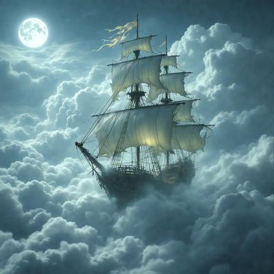 The primary subject of the image is a large sailing ship, which is the main object, scene, or focus of the image. The ship is floating in a cloudy sky, which serves as the setting or background. The visual style of the image is digital art, as it is a computer-generated or digitally created illustration. The colors and mood of the image are predominantly dark and moody, with the clouds and the ship's sails creating a dramatic and atmospheric scene.