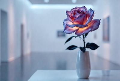 The primary subject of the image is a single purple rose in a white vase. The setting is a room with a white wall, and the visual style appears to be a photo. The dominant colors are purple and white, creating a calm and serene atmosphere.