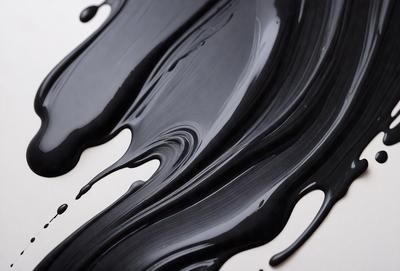 The primary subject of the image is a black substance, possibly a liquid or a paint, that is spreading and dripping onto a white surface. The setting appears to be a table or a similar flat surface. The visual style of the image is a close-up of the black substance, showcasing its texture and movement. The colors in the image are predominantly black, with the white surface providing a stark contrast. The overall atmosphere of the image is dynamic and captivating, as the black substance spreads and