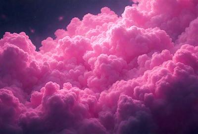 The primary subject of the image is a large, pink cloud with a purple hue. The cloud is floating in a dark, starry sky. The visual style of the image is a combination of photo and digital art, creating a surreal and dreamy atmosphere. The colors and mood of the image are predominantly pink and purple, with a hint of darkness from the starry sky.