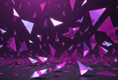 The primary subject of the image is a purple and pink patterned background with a large number of triangular shapes. The setting appears to be a dark room, and the visual style is a combination of digital art and illustration. The colors and mood of the image are predominantly purple and pink, creating a vibrant and lively atmosphere.