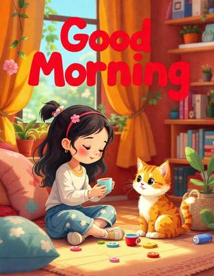 The primary subject of the image is a young girl sitting on the floor, holding a cup of coffee. She is surrounded by various books, which are scattered around her. The setting is a cozy room with a bed in the background. The visual style is a colorful and whimsical illustration, giving the scene a warm and inviting atmosphere.