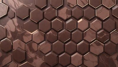 The primary subject of the image is a close-up of a marble wall with a pattern of hexagonal shapes. The setting is a room with a brown marble wall, and the visual style is a close-up of the wall. The colors and mood of the image are predominantly brown, giving it a warm and natural atmosphere.