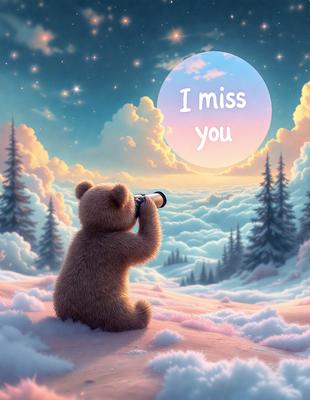 The primary subject of the image is a teddy bear. The setting is a snowy landscape with a cloudy sky, and the visual style is a digital art illustration. The colors and mood of the image are predominantly white and pink, giving it a warm and cozy atmosphere.