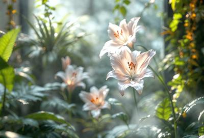 The primary subject of the image is a bouquet of white lilies. The lilies are arranged in a vase, and they are placed in a setting with green plants and a glass window. The visual style of the image is a photo, capturing the beauty of the lilies in their natural environment. The colors and mood of the image are predominantly white, creating a serene and peaceful atmosphere.