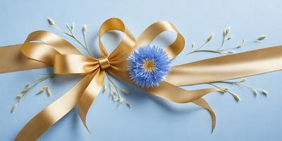 The primary subject of the image is a blue flower with a yellow bow around it. The setting is a white background, and the visual style is a photo. The dominant colors are blue and yellow, creating a calm and serene atmosphere.