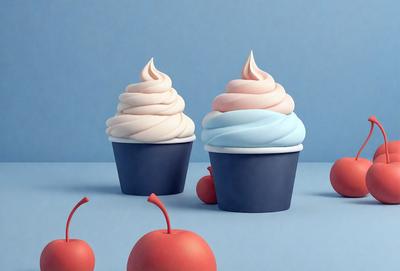 The primary subject of the image is a group of three cupcakes with different flavors. They are placed on a blue surface, which serves as the setting or background. The visual style of the image is a combination of photo and digital art, creating a realistic yet artistic representation of the cupcakes. The colors and mood of the image are predominantly blue, which adds a sense of calmness and sophistication to the scene.