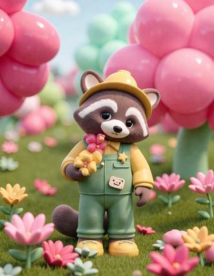 The primary subject of the image is a toy raccoon holding a flower. The setting is a field with pink flowers, and the visual style is a digital illustration. The colors and mood of the image are predominantly pink, creating a cheerful and playful atmosphere.