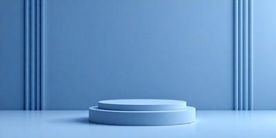 The primary subject of the image is a blue table with a white plate on top of it. The table is placed against a blue wall, creating a visually appealing contrast. The visual style of the image is a photo, capturing the details of the table and plate. The colors and mood of the image are predominantly blue, giving it a calm and serene atmosphere.