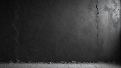 The primary subject of the image is a black wall with a grey texture. The setting is a room with a wooden floor. The visual style is a black and white photo. The dominant colors are black and grey, creating a moody atmosphere.