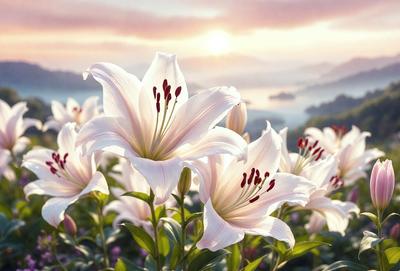 Primary subject: White flowers
Setting/background: A hillside with a beautiful sunset in the background
Visual style: A photo of the flowers
Colors and mood: The flowers are white, and the overall atmosphere is serene and peaceful.