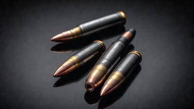 The primary subject of the image is a group of four bullets, each with a different color. They are sitting on a black surface, which could be a table or a counter. The visual style of the image is a close-up of the bullets, showcasing their details and colors. The colors and mood of the image are dark and intense, as the bullets are presented in a dramatic manner.