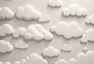 The primary subject of the image is a wall with a cloudy pattern on it. The setting is a white wall, and the visual style appears to be a combination of photo and digital art. The clouds are the main focus of the image, and they are depicted in various sizes and shapes, creating a dynamic and visually appealing pattern. The overall atmosphere of the image is light and airy, with a sense of movement and fluidity.