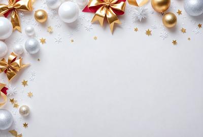 The primary subject of the image is a white background with a bow and gold stars. The setting is a white surface, and the visual style is a combination of digital art and illustration. The colors and mood of the image are predominantly white and gold, creating a warm and festive atmosphere.