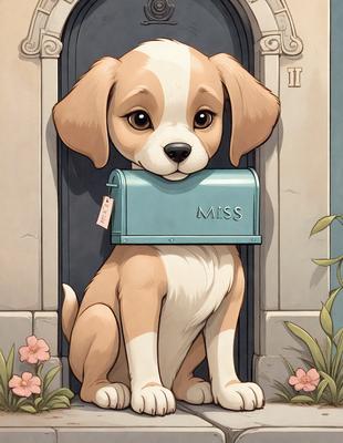 The primary subject of the image is a small dog standing in front of a door, holding a mailbox in its mouth. The setting is indoors, with the dog positioned in front of a door. The visual style is an illustration or a drawing, giving the image a whimsical and playful atmosphere. The colors are predominantly shades of brown and white, which adds to the warm and inviting mood of the scene.