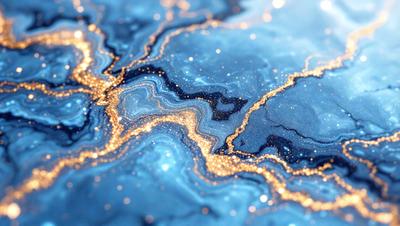 The primary subject of the image is a blue and gold swirling pattern, which appears to be a digital art or illustration. The setting is a blue background, and the visual style is a combination of digital art and photography. The dominant colors are blue and gold, creating a vibrant and luminous atmosphere.