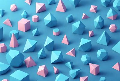 The primary subject of the image is a collection of geometric shapes, predominantly blue and pink, arranged on a blue background. The shapes are primarily triangles and cubes, and they are scattered throughout the scene. The visual style of the image is a mix of digital art and illustration, creating a vibrant and colorful atmosphere. The dominant colors in the image are blue and pink, which contribute to the overall mood of the scene.