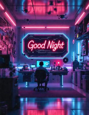 The primary subject of the image is a man sitting at a desk in a room with a neon sign above him. The setting appears to be a workspace or a room with a computer desk, a chair, and a TV. The visual style of the image is a combination of photo and digital art, creating a unique and vibrant atmosphere. The dominant colors in the image are pink and blue, which contribute to the overall mood of the scene.