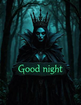 The primary subject of the image is a woman dressed in a costume, possibly as a witch or a character from a fairy tale. She is holding a sign that reads "Good Night." The setting appears to be a dark forest, with trees in the background. The visual style of the image is a combination of photo and digital art, creating a unique and intriguing atmosphere. The colors in the image are predominantly dark, with the woman's costume and the sign being the main sources of light. The overall m