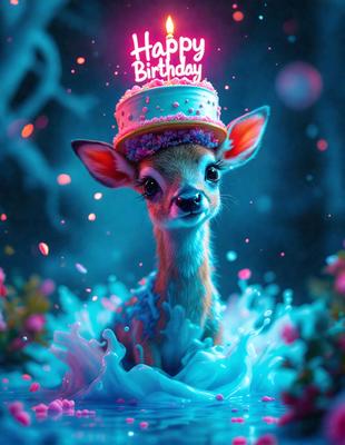 The primary subject of the image is a deer with a birthday cake on its head. The deer is wearing a birthday hat and is surrounded by a blue and pink water background. The visual style of the image is digital art, and the colors and mood are vibrant and celebratory.