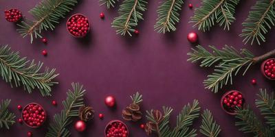 The primary subject of the image is a close-up of a pine tree with red berries and green leaves. The setting is a purple background, which adds a contrasting color to the scene. The visual style is a combination of a photo and digital art, creating a realistic yet artistic representation of the pine tree. The colors and mood of the image are predominantly green and red, with the red berries adding a touch of warmth and vibrancy to the scene.