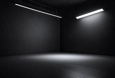 The primary subject of the image is a black room with a white floor. The setting is a dark room with a white floor, and the visual style is a black and white photo. The colors and mood of the image are predominantly dark and moody, with the white floor providing a contrasting element.