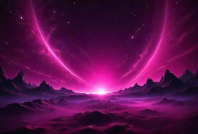 The primary subject of the image is a pink sky with a sunset, creating a beautiful and serene atmosphere. The setting is a mountainous landscape, with mountains visible in the background. The visual style of the image is a digital art or illustration, showcasing the artist's creativity and skill in capturing the scene. The colors and mood of the image are predominantly pink, which adds a sense of warmth and tranquility to the scene.
