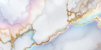 The primary subject of the image is a marble surface with a gold-colored pattern. The setting is a white marble countertop, and the visual style is a close-up of the marble surface. The colors and mood of the image are predominantly white and gold, creating a luxurious and elegant atmosphere.