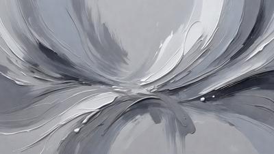 The primary subject of the image is a painting of a gray and white abstract art piece. The setting is a gray and white background, which complements the artwork. The visual style is a painting, and the colors and mood are predominantly gray and white, creating a calm and serene atmosphere.