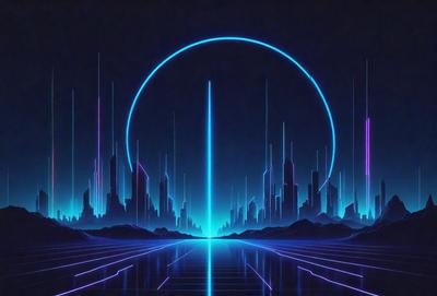 The primary subject of the image is a futuristic cityscape with a blue and purple color scheme. The setting is a nighttime cityscape with a large, glowing blue circle in the sky. The visual style is a combination of digital art and illustration, creating a surreal and dreamlike atmosphere. The colors and mood convey a sense of wonder and mystery, as the viewer is drawn into the city's enigmatic and captivating world.