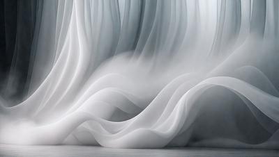 The primary subject of the image is a large, flowing white curtain. The curtain is billowing and appears to be blowing in the wind. The setting is a room with a white background, which creates a clean and minimalist atmosphere. The visual style of the image is a combination of photo and digital art, giving it a unique and artistic appearance. The colors and mood of the image are predominantly white, creating a sense of calmness and elegance.