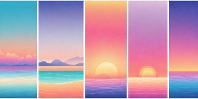The image is a three-panel painting featuring a beach scene. The primary subject is the sunset, with the sun setting over the ocean. The setting/background includes the beach, the ocean, and the sky. The visual style is a combination of digital art and illustration, creating a vibrant and colorful atmosphere. The dominant colors are pink, orange, and blue, which contribute to the warm and inviting mood of the scene.