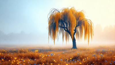 The primary subject of the image is a tree with long, yellow, flowing hair. The tree is located in a field with yellow flowers, creating a vibrant and lively atmosphere. The setting appears to be a foggy, misty day, adding a sense of mystery and serenity to the scene. The visual style of the image is a combination of photo and digital art, resulting in a unique and captivating representation of the tree and its surroundings.