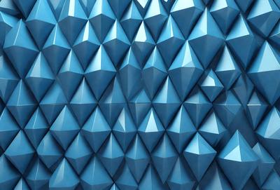 The primary subject of the image is a blue wall with a pattern of blue triangles. The setting is a room with a blue wall, and the visual style is a digital art or illustration. The dominant colors are blue, and the overall atmosphere is calm and soothing.