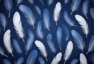 The primary subject of the image is a pattern of white feathers, which are arranged in a blue background. The visual style of the image is a combination of photo and digital art, creating a unique and eye-catching design. The colors and mood of the image are predominantly blue and white, giving it a calm and serene atmosphere.