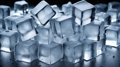 The primary subject of the image is a group of ice cubes. They are arranged on a table, creating a visually appealing and cold atmosphere. The setting is a dark room, which further emphasizes the contrast between the ice cubes and the surrounding environment. The visual style is a close-up of the ice cubes, showcasing their intricate details and textures. The colors and mood of the image are predominantly blue and white, with the ice cubes appearing to be made of frozen water.