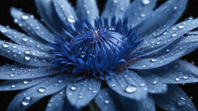 The primary subject of the image is a blue flower with a water drop on it. The setting is a close-up of the flower, and the visual style is a photo. The dominant colors are blue and white, creating a calm and serene atmosphere.