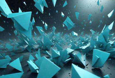 The primary subject of the image is a large number of blue triangles flying through the air. The setting is a dark background, which contrasts with the bright blue triangles. The visual style is a combination of digital art and illustration, creating a dynamic and vibrant scene. The colors and mood are predominantly blue, giving the image a cool and futuristic atmosphere.