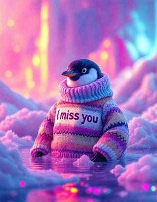 The primary subject of the image is a penguin wearing a sweater. The penguin is standing in a body of water, which appears to be a pinkish-purple color. The setting includes a snowy background, adding to the overall atmosphere of the scene. The visual style of the image is a combination of photo and digital art, creating a unique and eye-catching representation of the penguin.