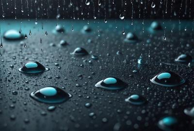 The primary subject of the image is a rainy scene with a black background. The setting features a large number of raindrops falling on a dark surface, creating a visually striking and moody atmosphere. The visual style of the image is a close-up of the raindrops, emphasizing their unique shapes and sizes. The colors in the image are predominantly dark, with the raindrops being the main focus, creating a sense of depth and intensity.